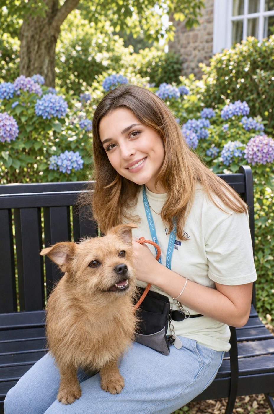 Pippa Kok sitting on a garden bench with a terrier on her lap